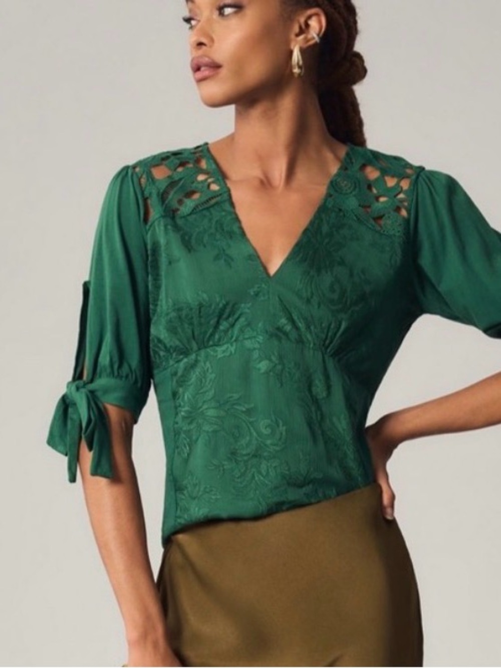 NWT Anthropologie Tiny Ophelia Emerald Green V-Neck Jacquard Lace brocade top